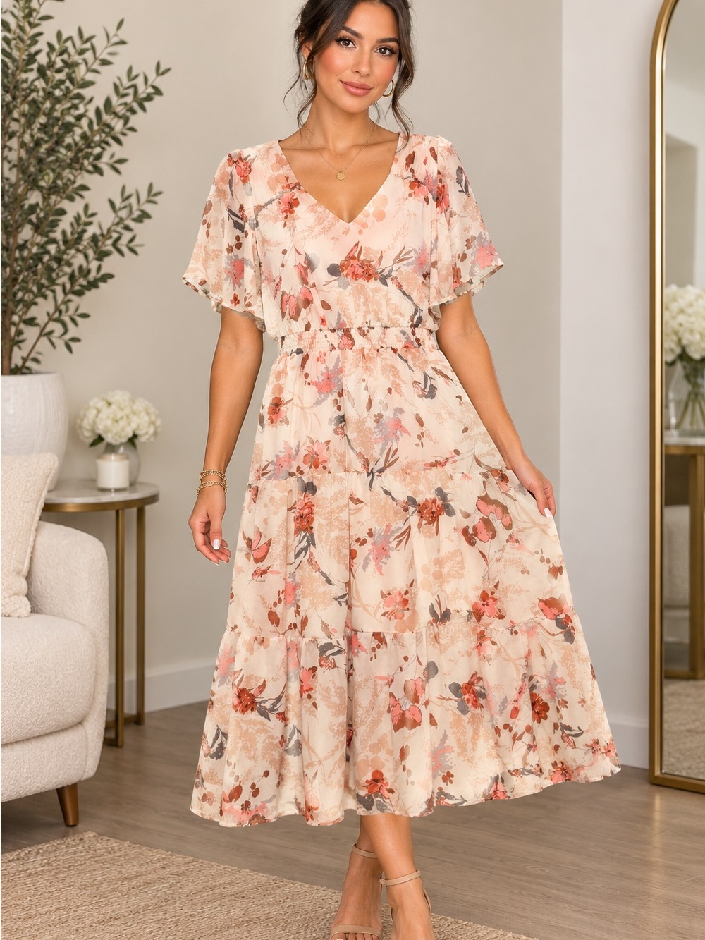 Luxology 🔥 Floral Cream Midi Dress with Rust and Gray Accents